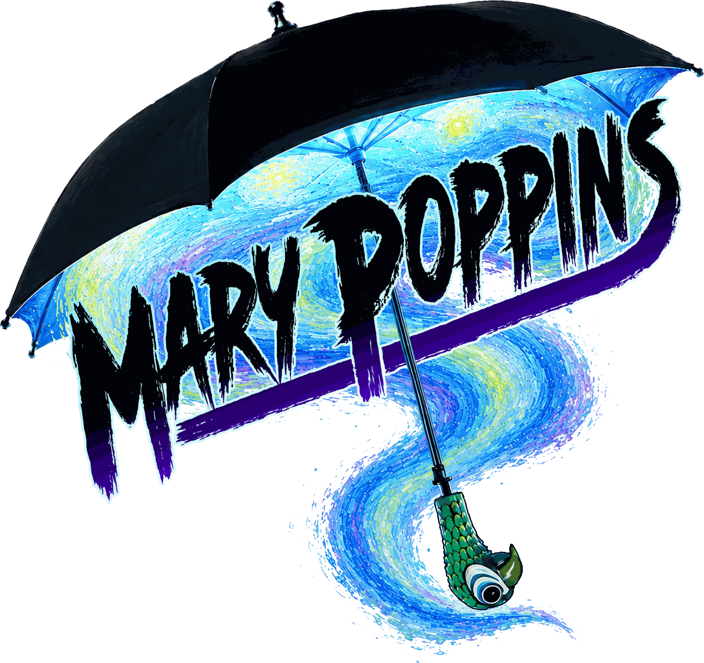 Mary Poppins logo, an umbrella trailing a swirl of starry blue sky